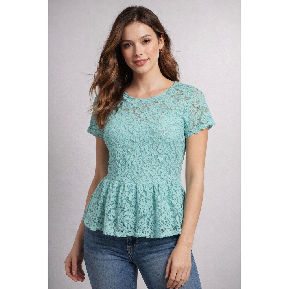 Cato Teal‎ Green Floral Lace Peplum Top Short Sleeve Back Zip Blouse
